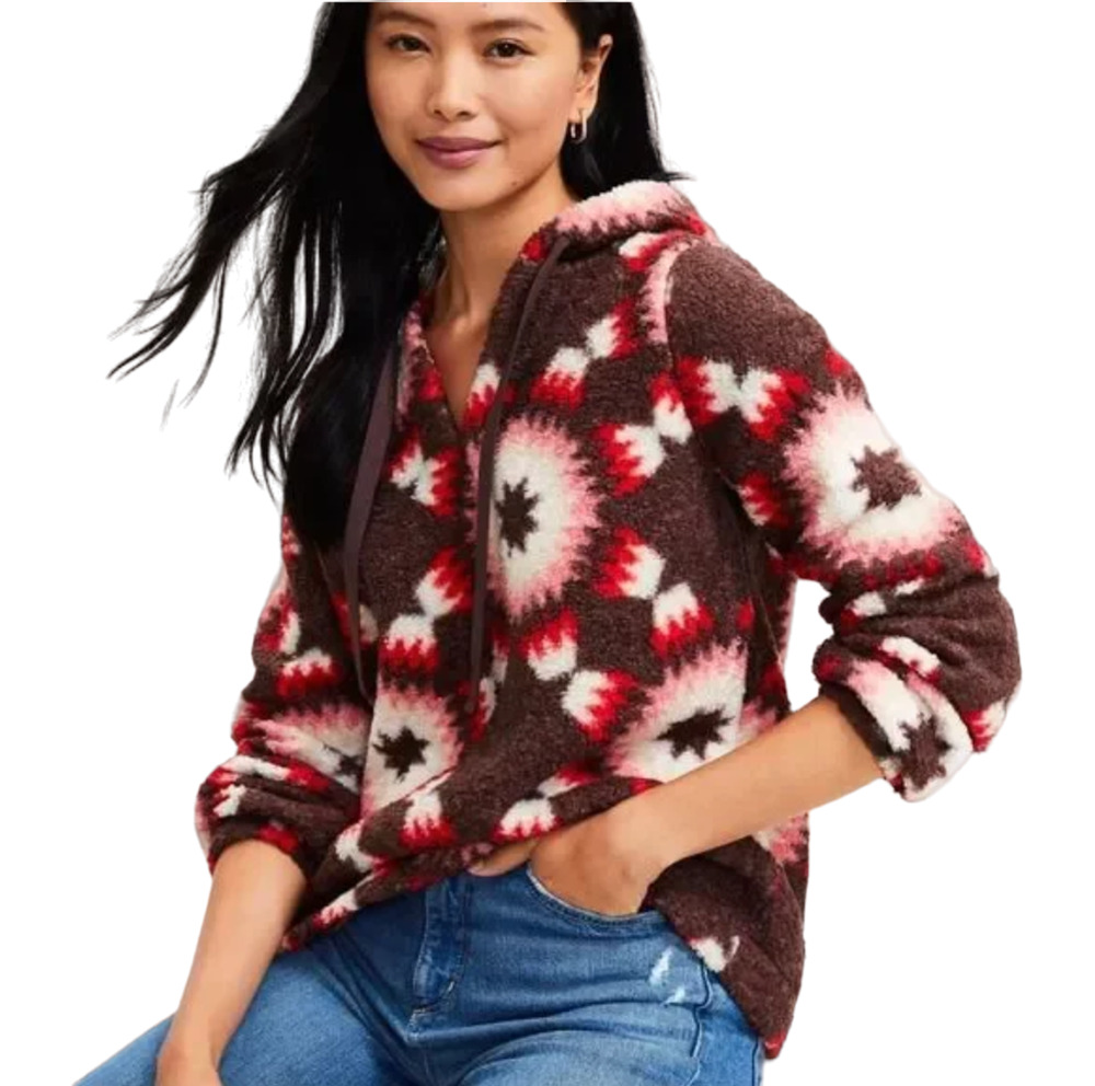 NWT LOFT Brown, Red, Pink & Cream Sunburst Fleece/Sherpa Hoodie